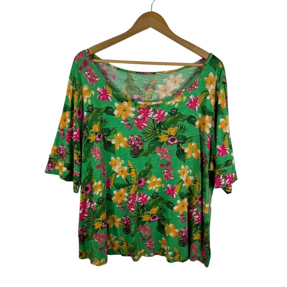 Cato Est 1946 Floral Tropical Tee Size 22/24W Green Stretch Lightweight Resort - Picture 1 of 12